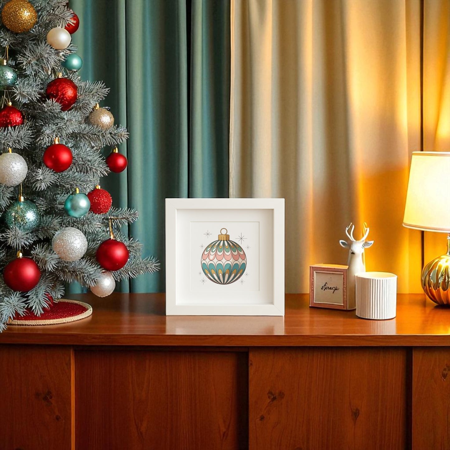 A decorated Christmas tree stands by a wooden table displaying Mirabilia Boutique's Mid-Century Round Ornament Art | Retro Holiday Shadowbox, a lamp, small reindeer figurine, "Joyeux" box, and vintage touches—all framed by gold and blue curtains.