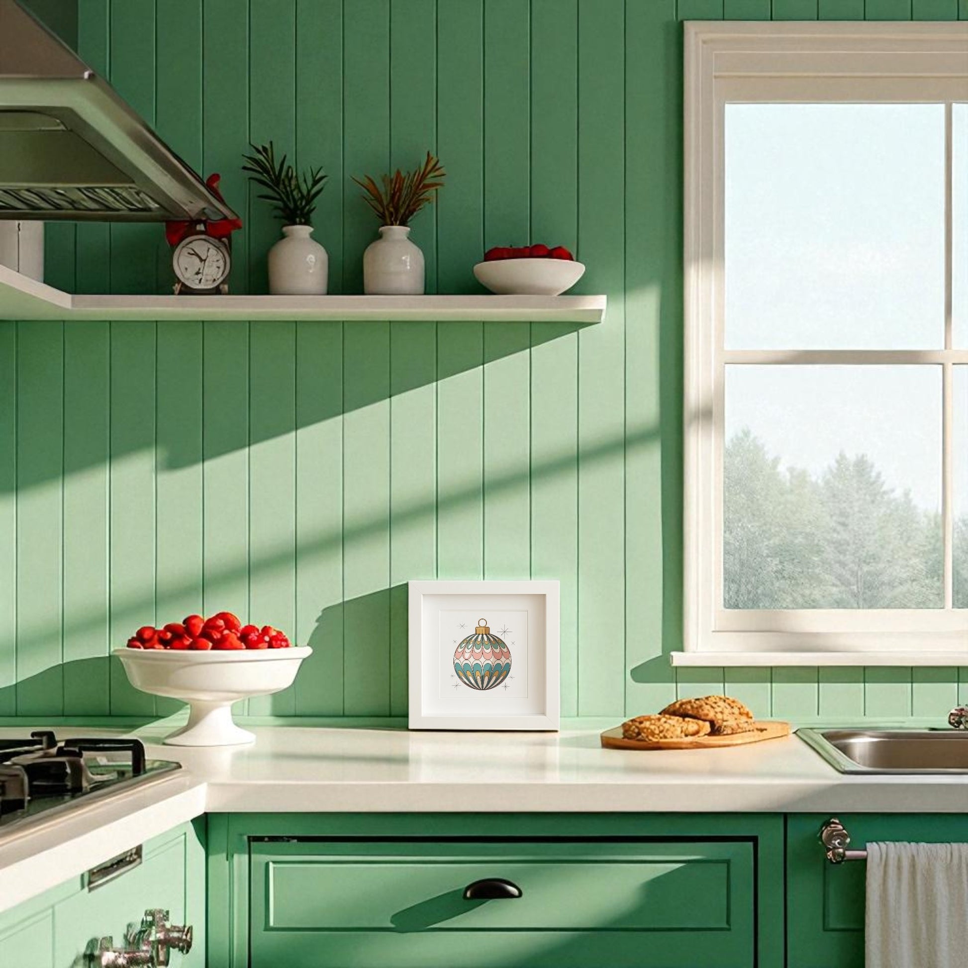 A sunlit kitchen with mint green walls and cabinets, white countertops, fresh tomatoes and cookies by the sink, shelves with plants, a clock and bowl, plus Mirabilia Boutique’s Mid-Century Round Ornament Art | Retro Holiday Shadowbox on the wall.