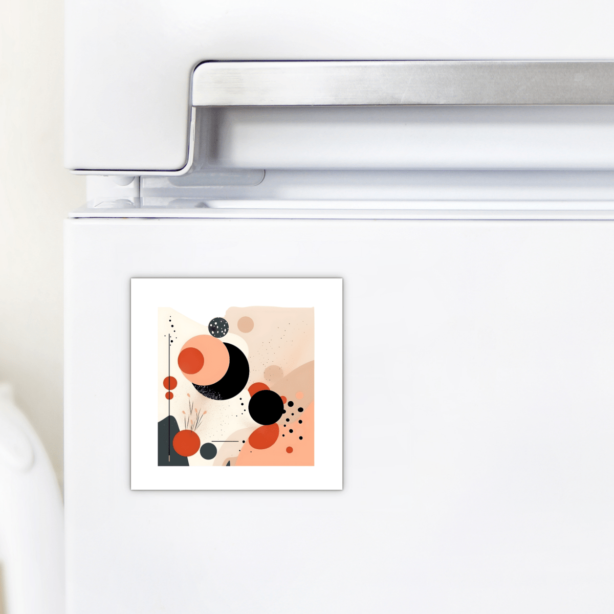 A white fridge displays the Mirabilia Boutique Solar Bloom Mid Century Modern Magnet, featuring bold colorful circles and geometric shapes in black, red, peach, and beige.