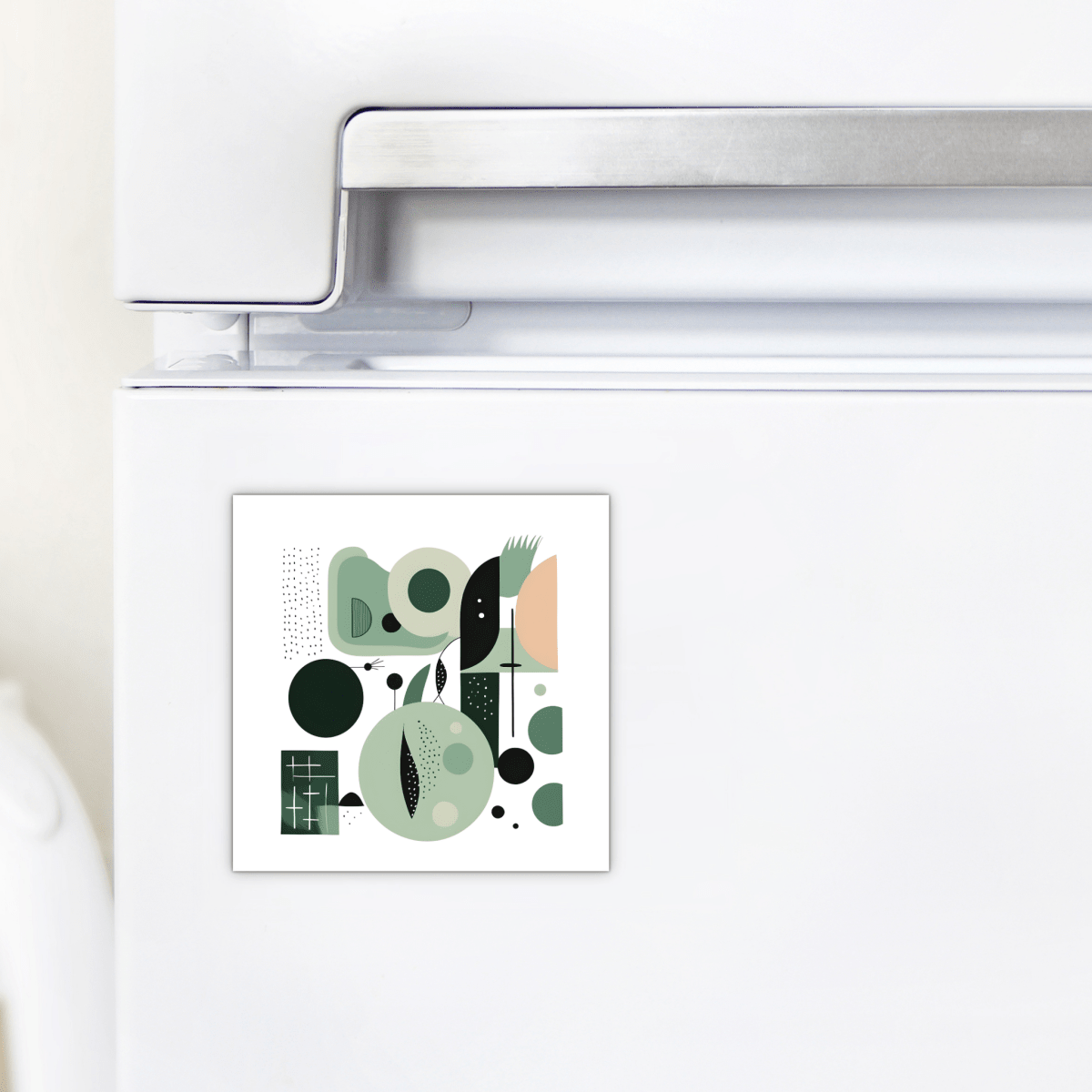 The Spring Geometry Mid Century Modern Magnet by Mirabilia Boutique features an abstract green, black, and beige design—perfect for adding a stylish touch to your fridge this spring.