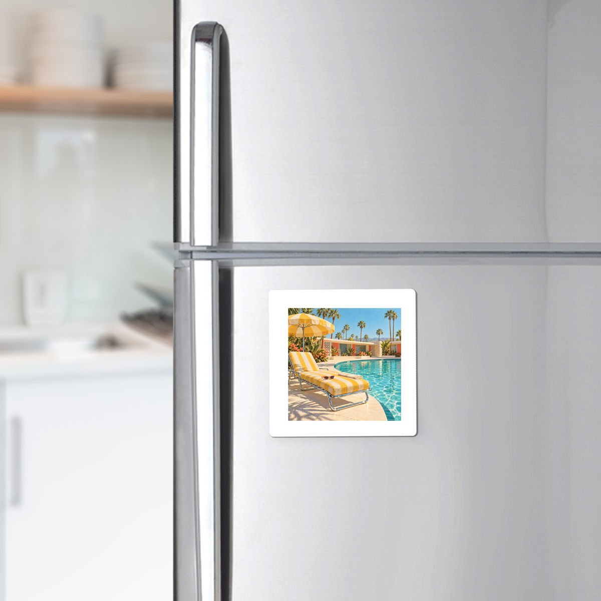 The Afternoon at the Pool Magnet | Chrome & Starlight by Mirabilia Boutique brings a sunny pool scene to your stainless steel fridge, adding modern charm to any kitchen.
