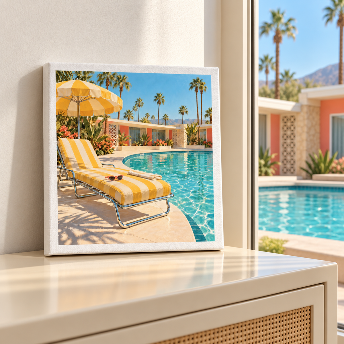 The Afternoon at the Pool Canvas | Chrome & Starlight by Mirabilia Boutique features a yellow-striped poolside lounge chair with sunglasses, brightening any space with its sunny charm.