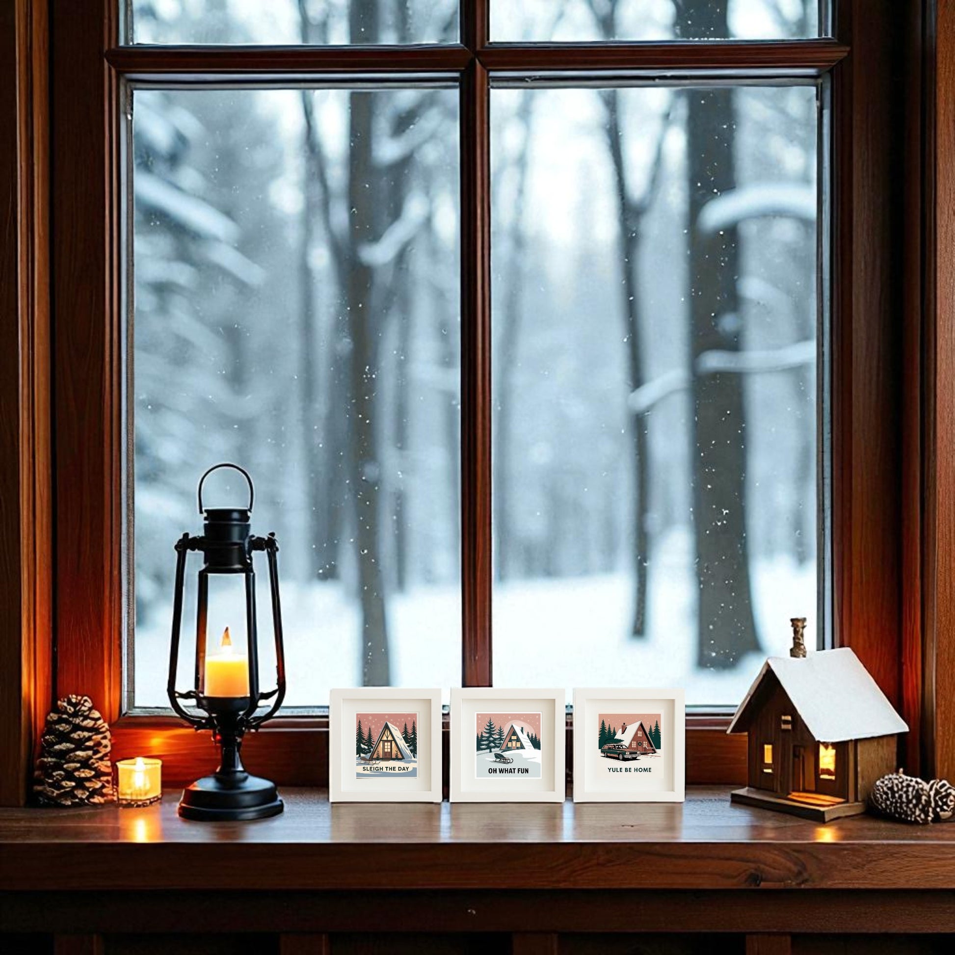 A snowy winter scene is visible through a window. On the wooden sill are a lit lantern, candle, pinecones, a miniature house, framed snowy cabin photos, and Mirabilia Boutique’s Mid-Century Modern A-Frame Cabin Sign Trio | Sleigh the Day Set.