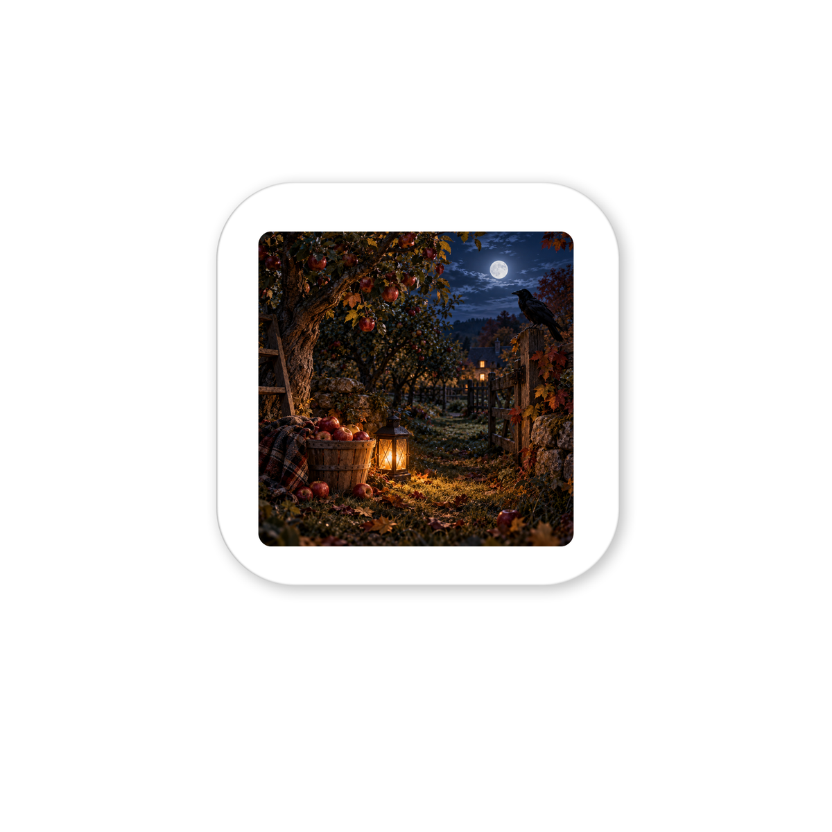 A moonlit orchard with lanterns and apple trees sets a cozy autumn scene—add charm to your space with The Midnight Orchard Magnet | Haunted Harvest from Mirabilia Boutique.