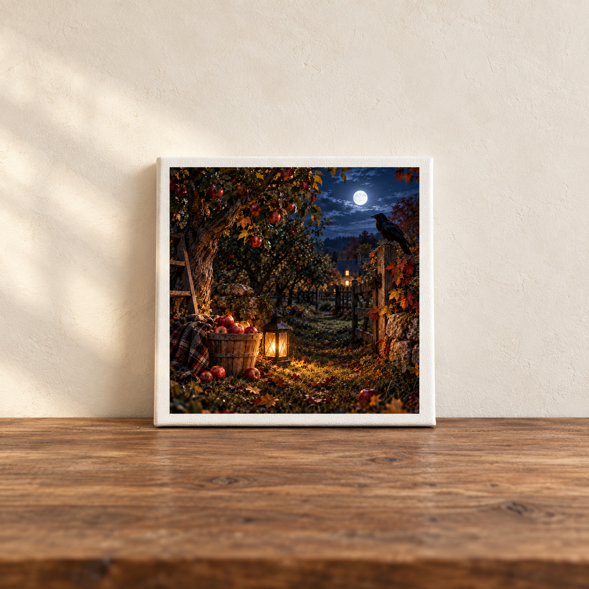 The Midnight Orchard Canvas | Autumn Raven Art by Mirabilia Boutique features a moonlit autumn orchard with apples, glowing lanterns, a raven on the fence—an ideal fall landscape for your wall.