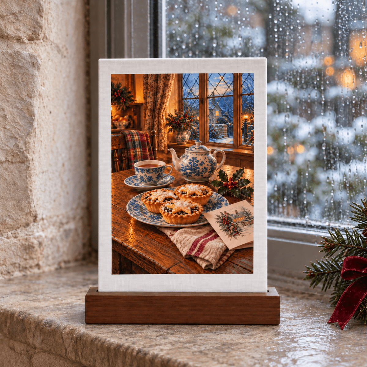 A One More Mince Pie Mini Sign art canvas displayed in a wooden stand, featuring a festive holiday scene with a teapot and a greeting card on a table.