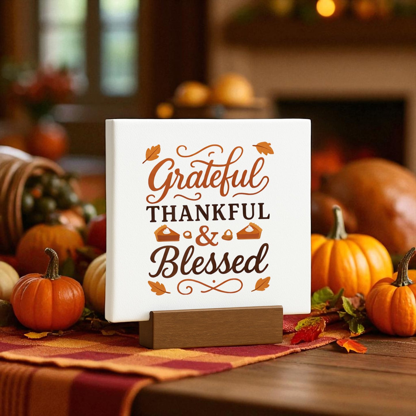 The Grateful Thankful Blessed Mini Sign by Mirabilia Boutique adds a warm, festive touch to your fall table decor—perfect among pumpkins and autumn accents for a cozy seasonal display.