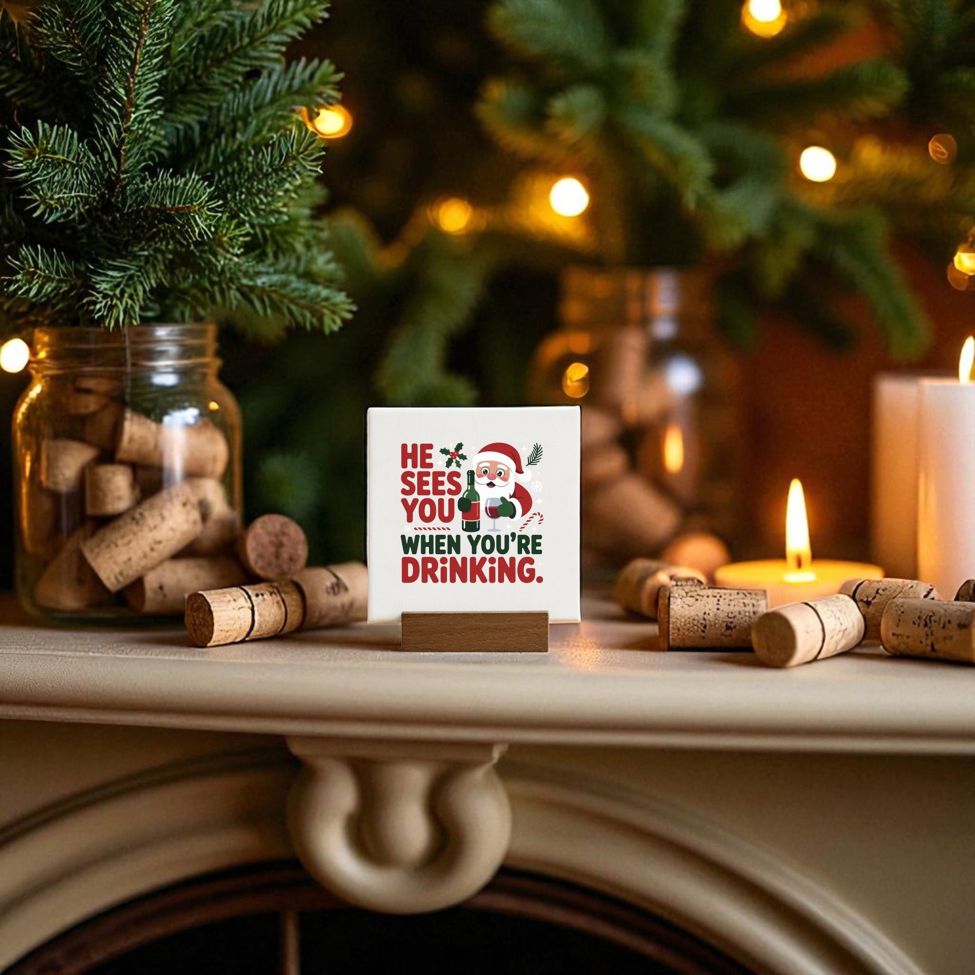 A festive mantel features Mirabilia Boutique’s "He Sees You When You’re Drinking" funny mini Christmas sign with a Santa graphic, surrounded by pine branches, candles, and wine corks—perfect holiday décor as warm lights twinkle.