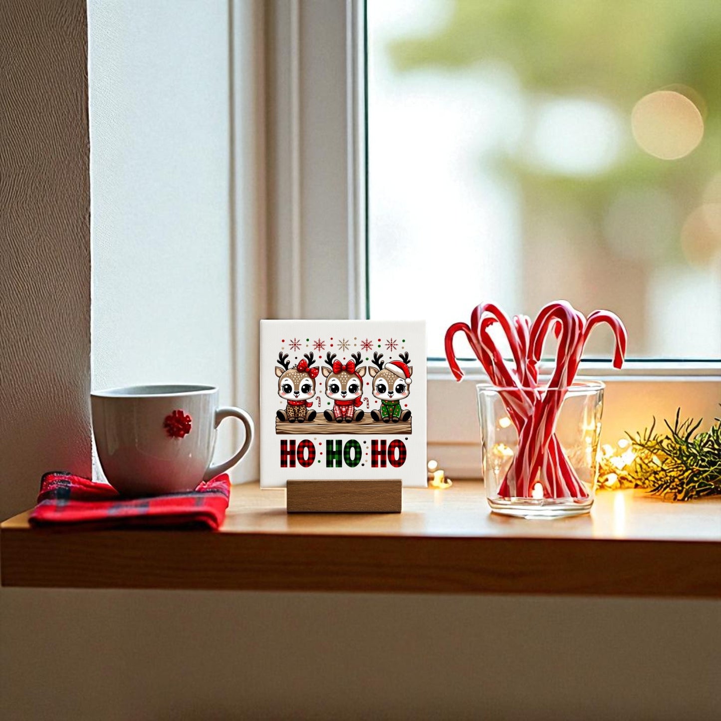 A cozy window sill styled with a coffee mug on red cloth, string lights, pine, candy canes in a jar, and Mirabilia Boutique’s "Ho Ho Ho Reindeer" Mini Christmas Sign for festive holiday charm.