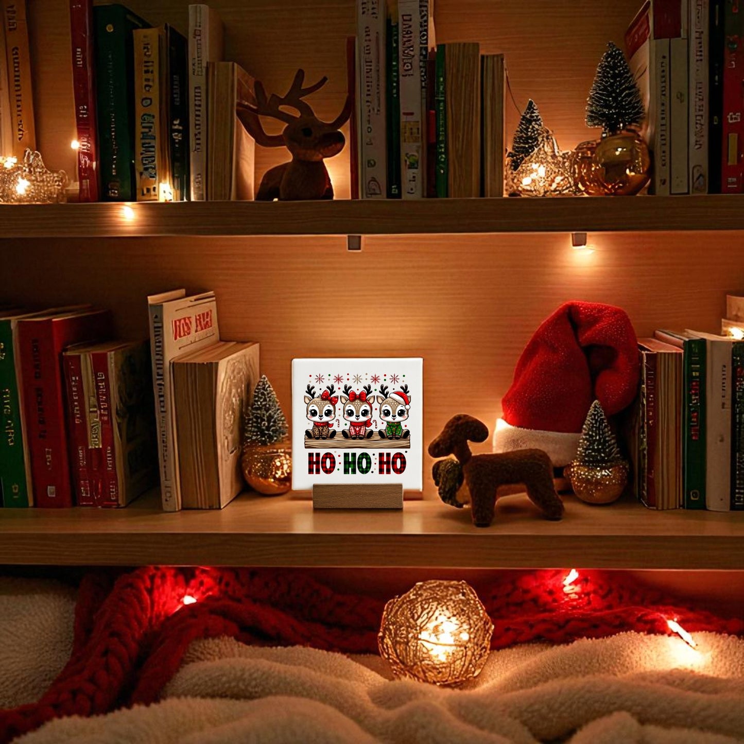 A cozy bookshelf decorated for Christmas with string lights, mini trees, a Santa hat, festive reindeer décor, and the Mirabilia Boutique "Ho Ho Ho Reindeer" 4x4 Mini Christmas Sign among books. A red blanket and lighted ornament are on the lower shelf.