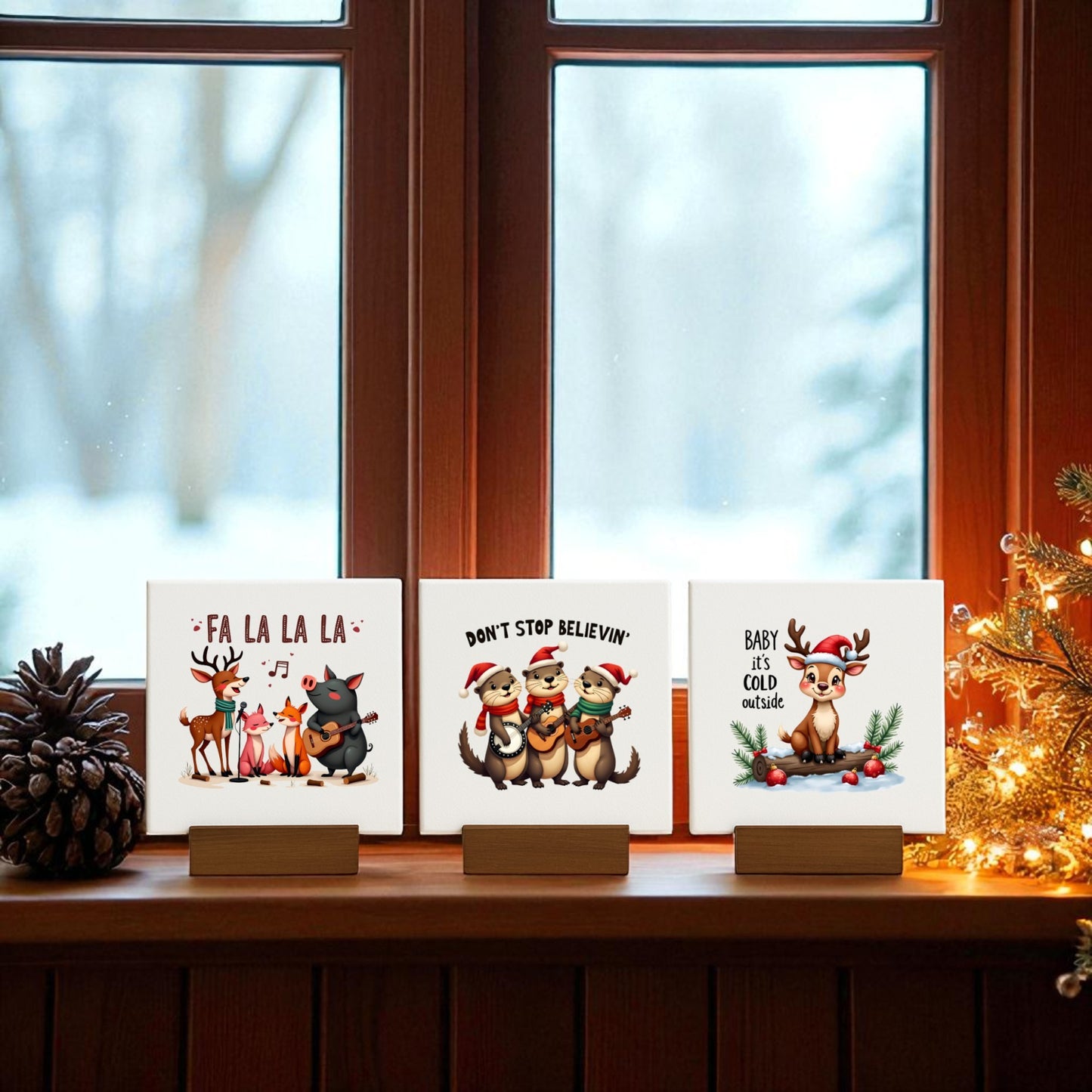 Three holiday-themed cards decorate a wooden windowsill: reindeer and singing cat, mice in Santa hats with Mirabilia Boutique’s “Fa La La, Don’t Stop Believin, Baby It's Cold” Mini Christmas Sign Trio, and a baby reindeer. Pinecone and lights complete the scene.