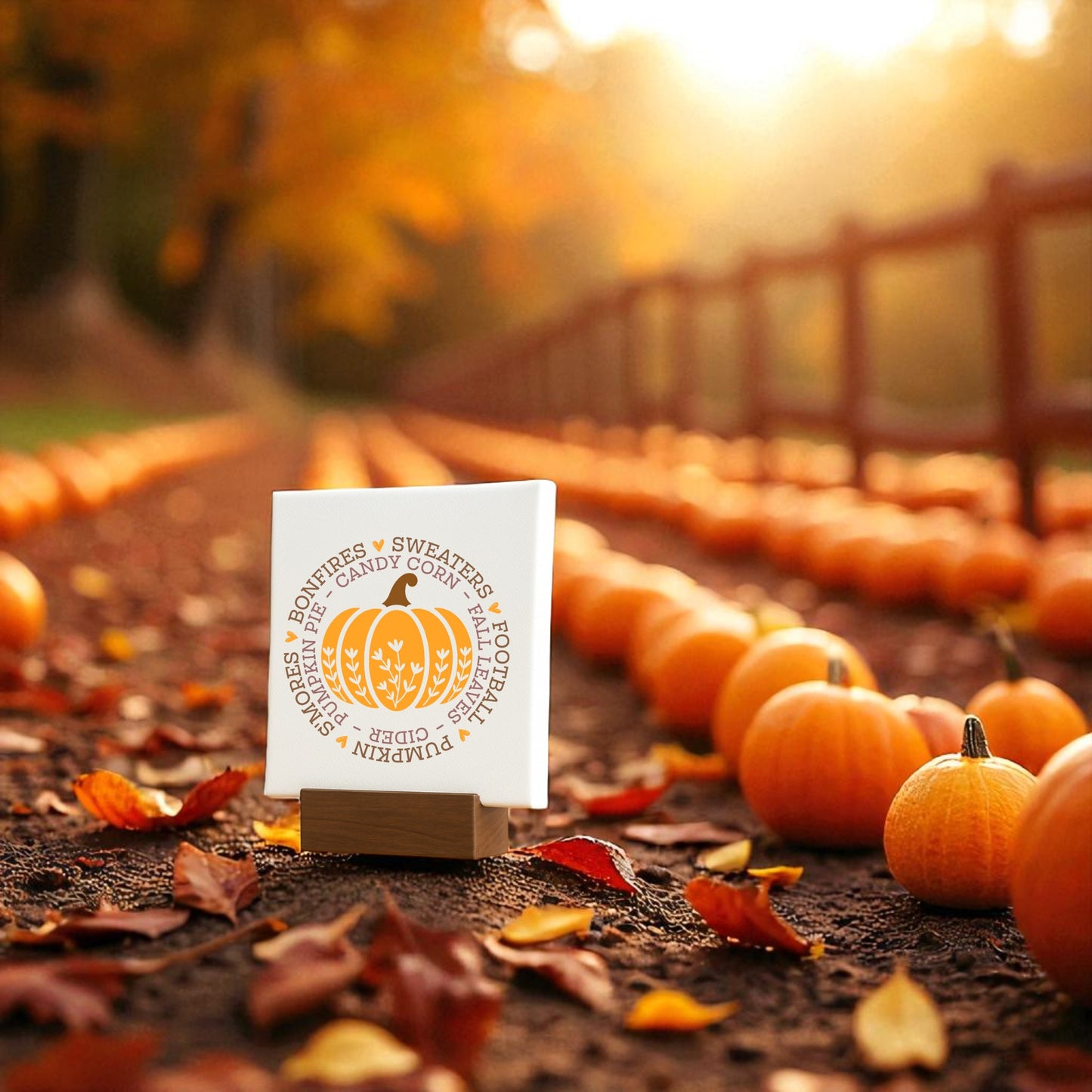 The Mini Fall Sign from Mirabilia Boutique features pumpkin autumn decor, displayed on a path with pumpkins, leaves, and trees with orange foliage—perfect as cozy seasonal shelf décor or a thoughtful autumn gift.