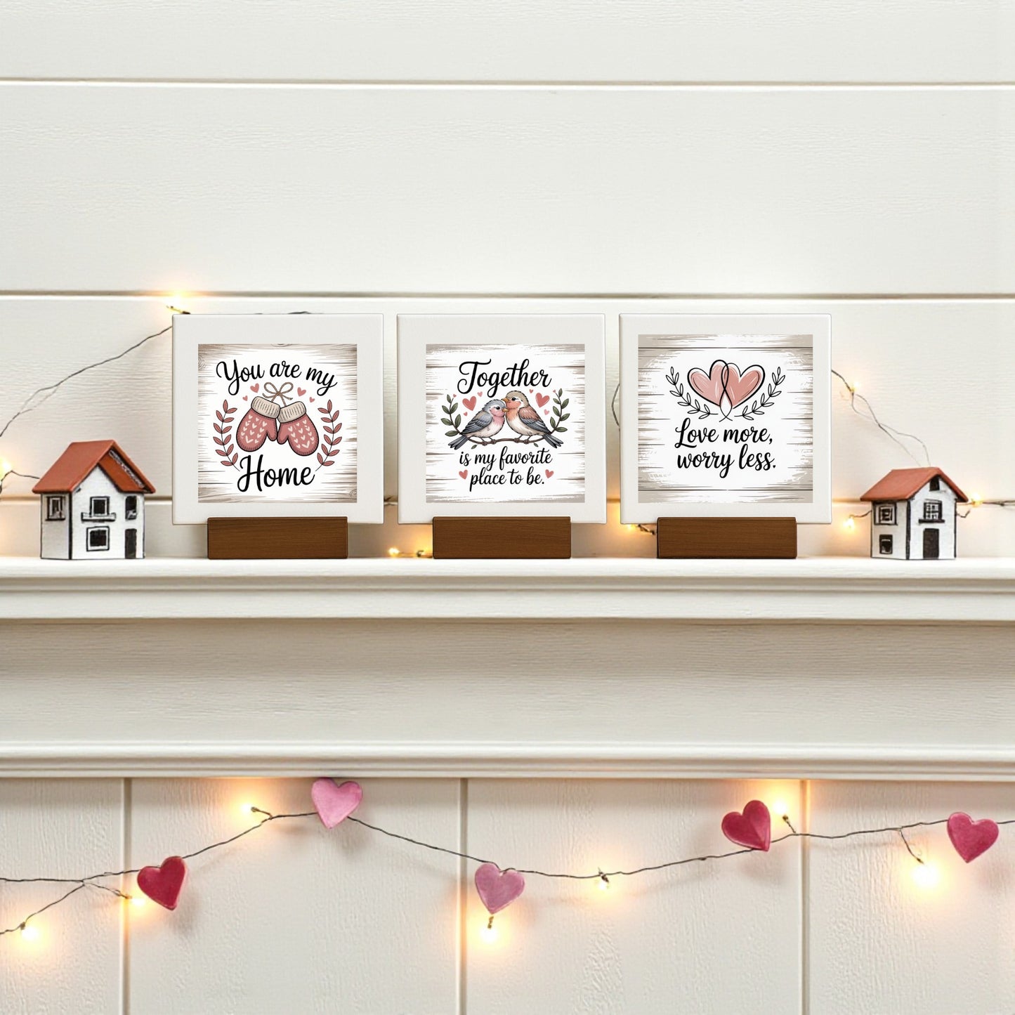 The Mini Love Quote Sign Trio by Mirabilia Boutique sits on a white farmhouse shelf, accented by house figurines, string lights, and pink heart garland—a cozy, rustic home decor set perfect for adding charm.