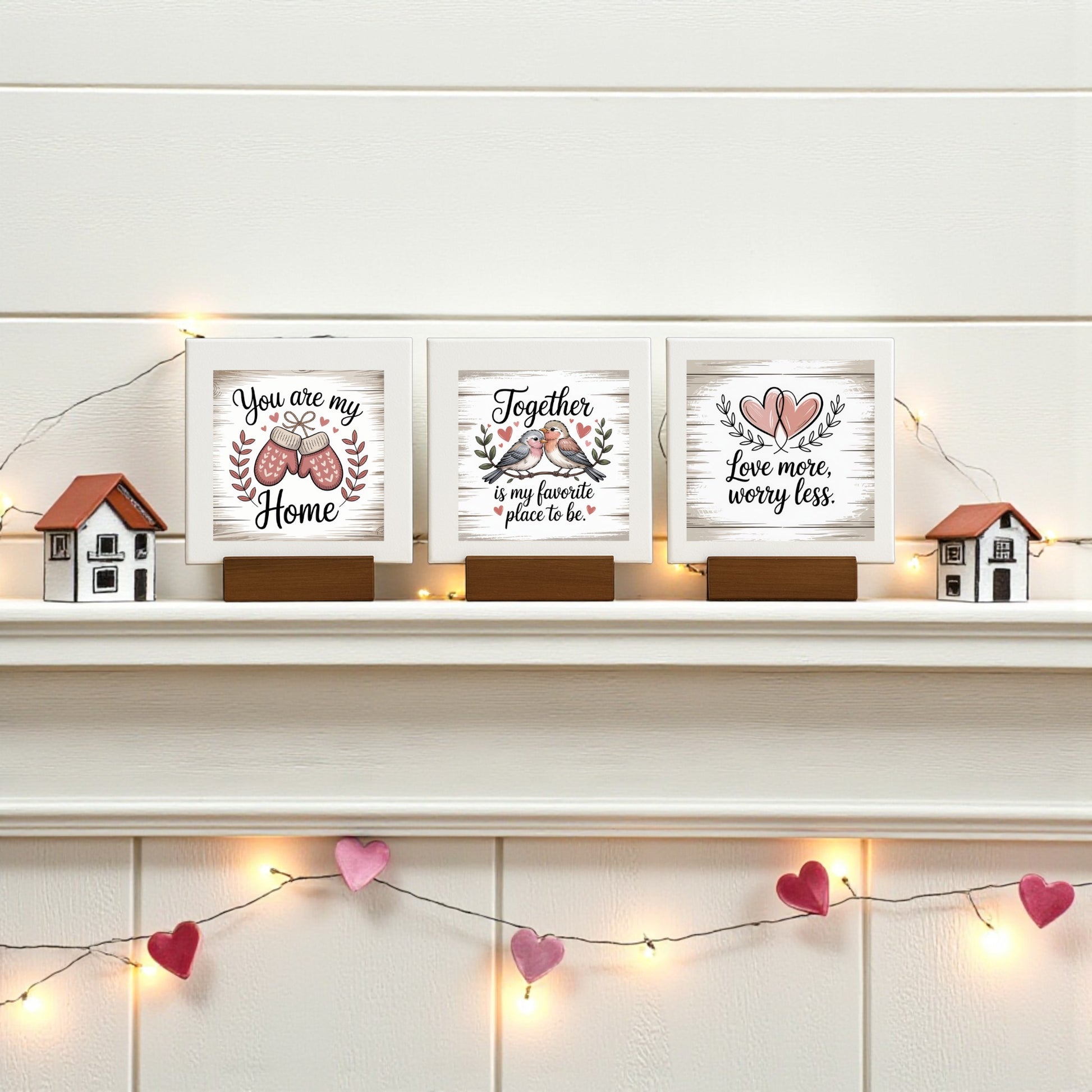 The Mini Love Quote Sign Trio by Mirabilia Boutique sits on a white farmhouse shelf, accented by house figurines, string lights, and pink heart garland—a cozy, rustic home decor set perfect for adding charm.