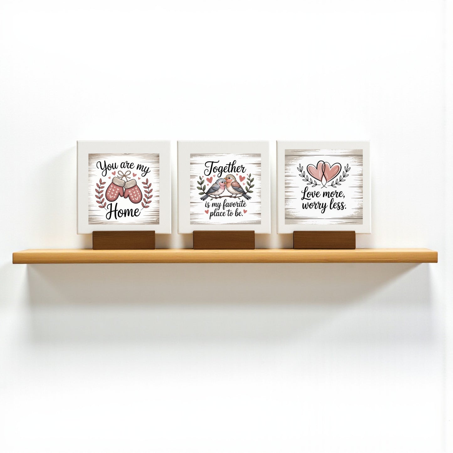 Mirabilia Boutique's Mini Love Quote Sign Trio | Farmhouse Shelf Decor Set features uplifting quotes and heart designs—"You are my Home," "Together is my favorite place to be," and "Love more, worry less"—perfect rustic accents.
