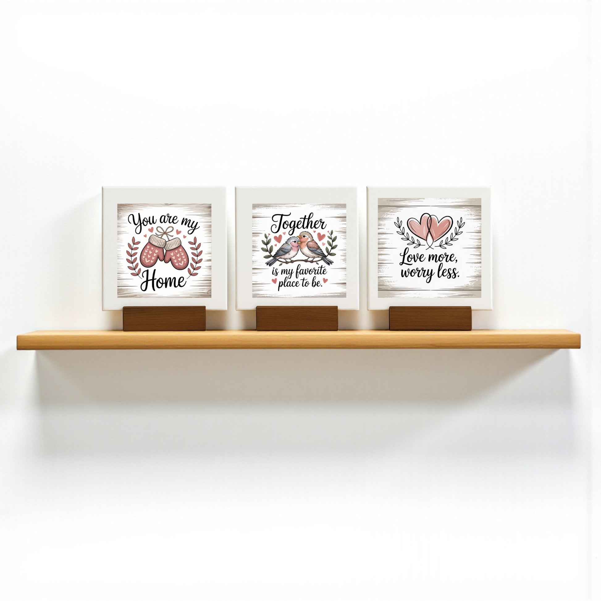 Mirabilia Boutique's Mini Love Quote Sign Trio | Farmhouse Shelf Decor Set features uplifting quotes and heart designs—"You are my Home," "Together is my favorite place to be," and "Love more, worry less"—perfect rustic accents.