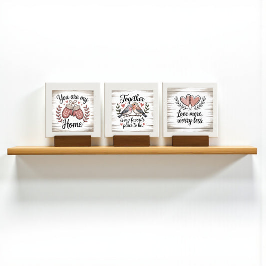 Mirabilia Boutique's Mini Love Quote Sign Trio | Farmhouse Shelf Decor Set features uplifting quotes and heart designs—"You are my Home," "Together is my favorite place to be," and "Love more, worry less"—perfect rustic accents.