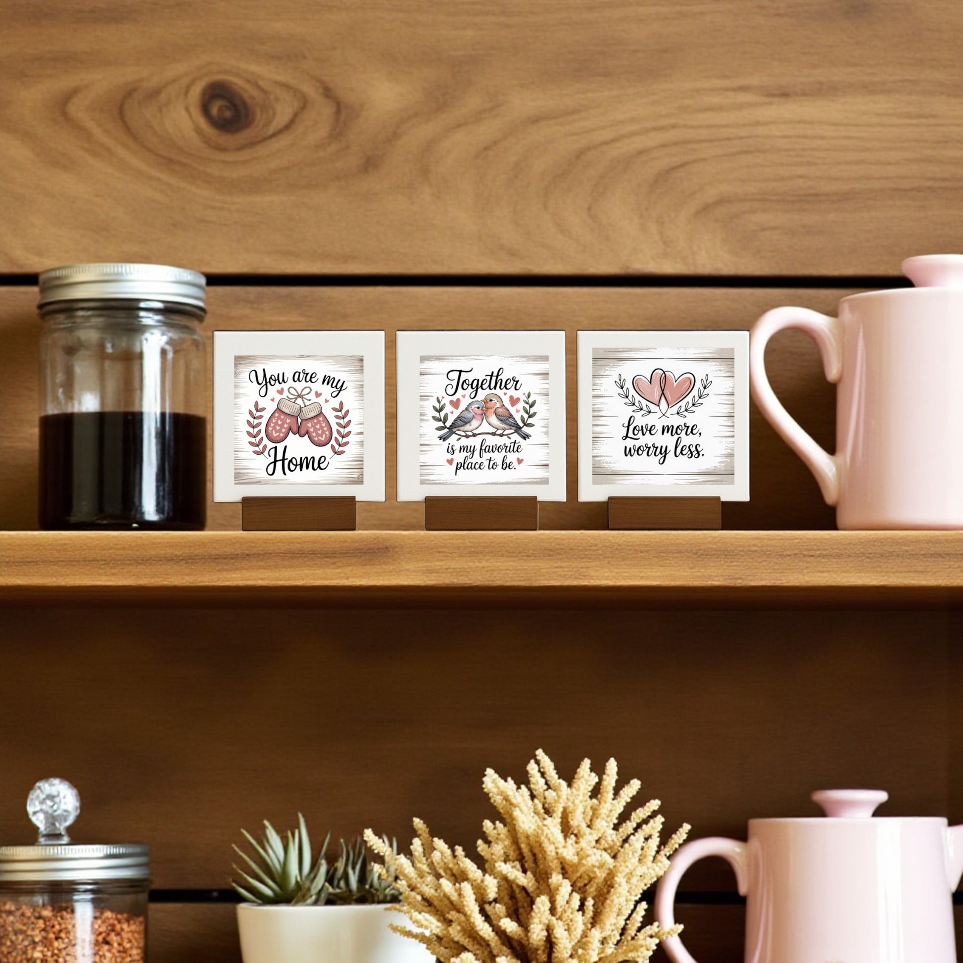 A wooden shelf displays a glass jar of coffee, a pink mug and teapot, a plant, and the Mirabilia Boutique Mini Love Quote Sign Trio Farmhouse Shelf Decor Set—perfect for adding charming love-themed accents to your space.
