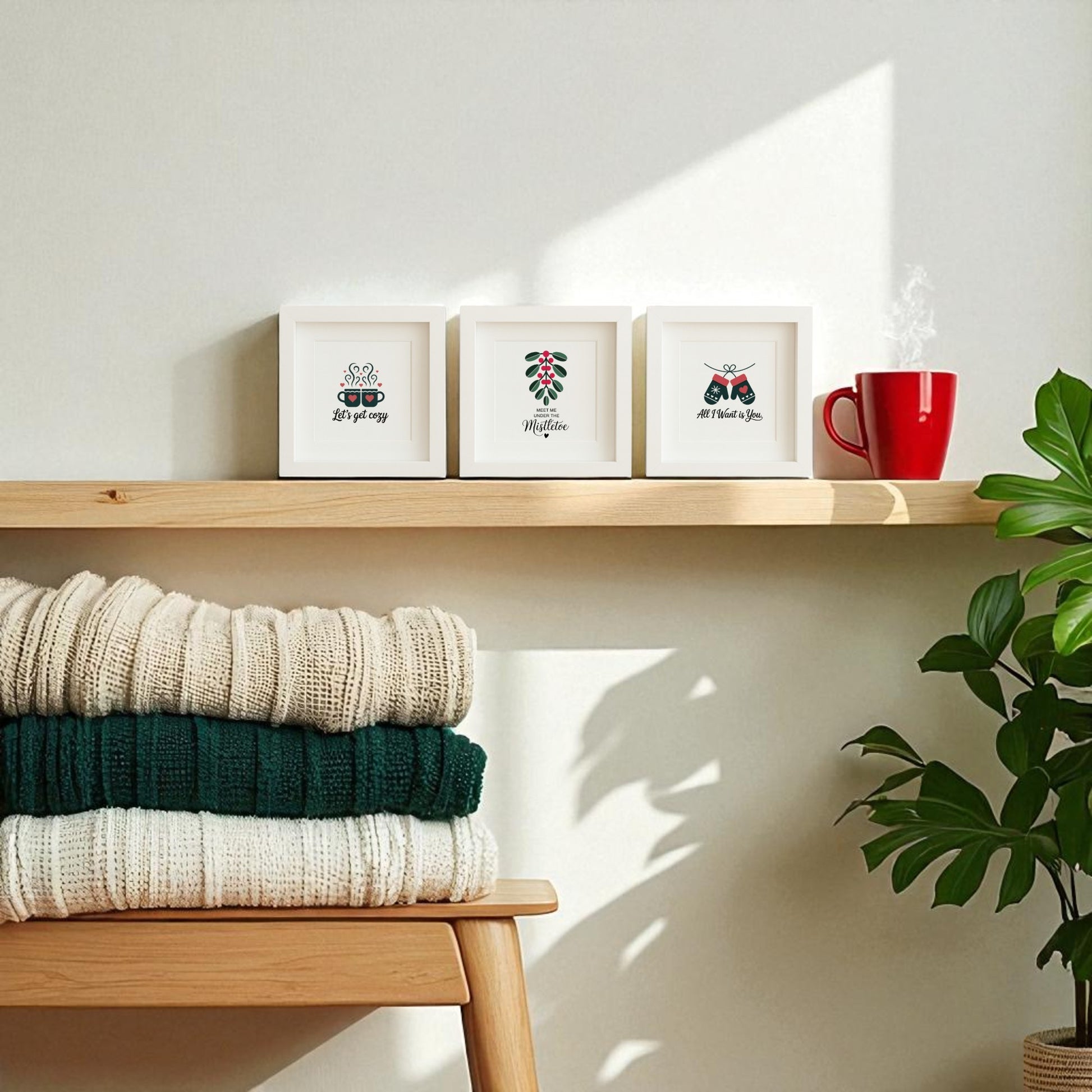 The Romantic Holiday Wall Art Trio | 5x5 Framed Gift Set by Mirabilia Boutique is displayed on a wooden shelf with a red mug and green plant, while cream and dark green knitted blankets rest below on a bench in sunlit shadows.