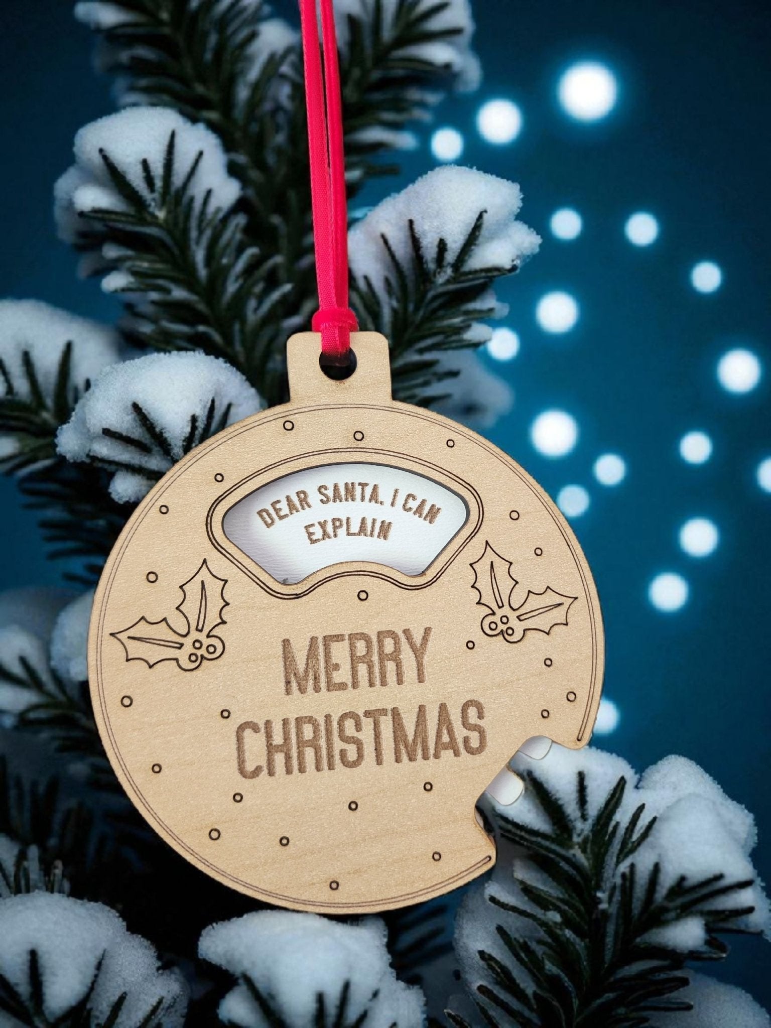 The Mirabilia Boutique Funny Geared Christmas Ornament | Dear Santa Cookie Spinner features a bitten cookie shape with "DEAR SANTA, I CAN EXPLAIN" and "MERRY CHRISTMAS" text—festive holly, red ribbon, and perfect for stockings!.