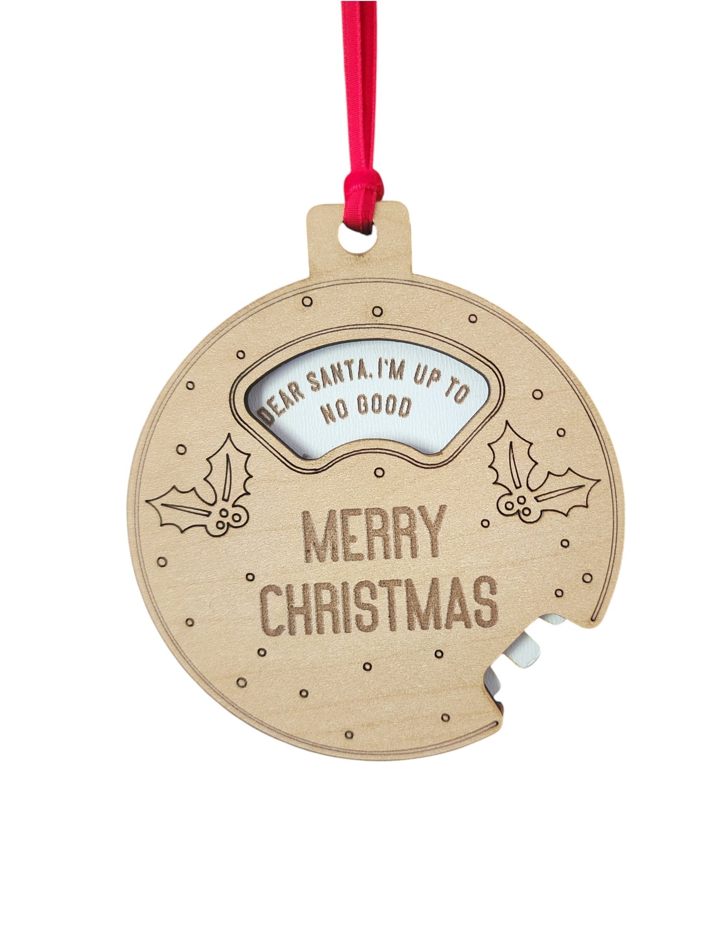 The Mirabilia Boutique Funny Geared Christmas Ornament, "Dear Santa Cookie Spinner," is a playful wooden ornament with holly, a red ribbon, engraved text, and a bite mark—perfect as a humorous stocking stuffer for any Christmas tree.