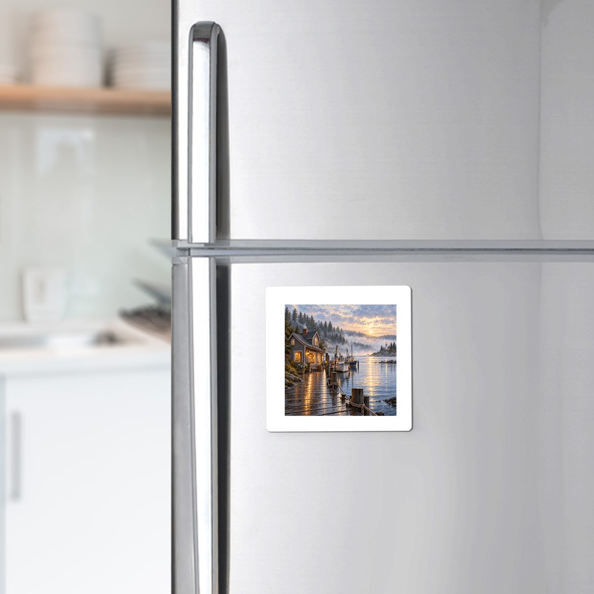 A square Harbor Before Town Wakes Magnet on a refrigerator door featuring an illustration of a cabin at the end of a wooden dock on a foggy, sunrise-lit lake.