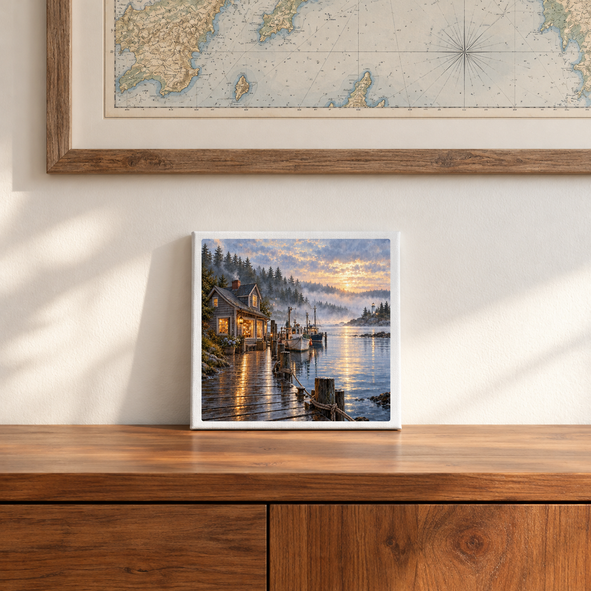 A Harbor Before Town Wakes Canvas by Salt & Story, featuring a morning harbor painting with a glowing cottage and boats on a dock at sunrise, sits on a wooden surface below a framed nautical map.