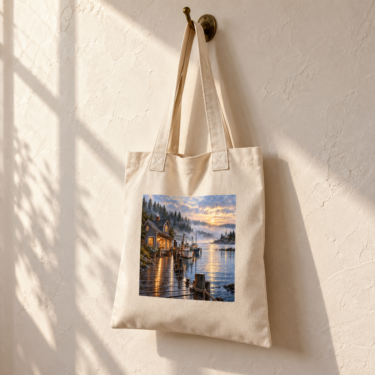 A natural canvas Harbor Before Town Wakes Tote Bag by Mirabilia Boutique hanging on a wall hook, printed with a scenic harbor artwork of a waterfront cottage at sunrise.
