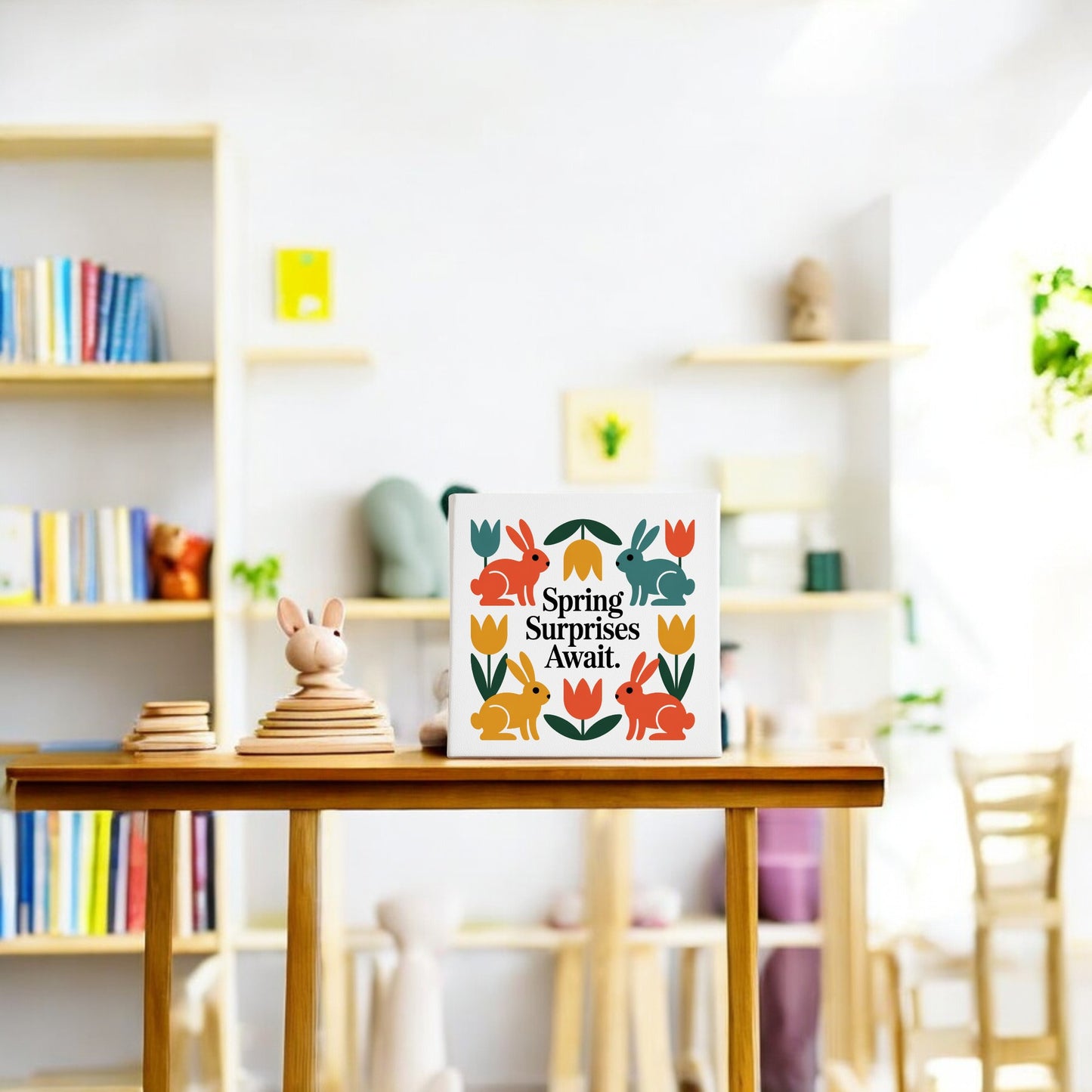 A cheerful classroom features Mirabilia Boutique's "Spring Surprises Await Canvas – 8x8 Colorful Bunnies," with rabbits and tulips, plus Scandinavian wall art, shelves of books, toys, and plants to complete the setting.