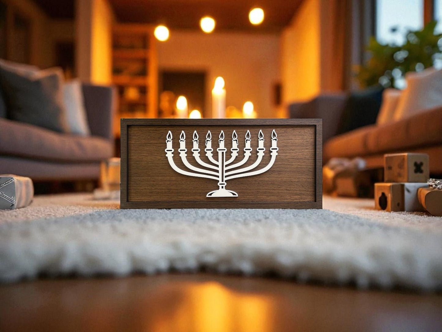 The Minimalist Menorah Decor | 9x4 Laser Cut Hanukkah Sign by Mirabilia Boutique adds a modern touch to your living room, sitting stylishly on a rug with warm lighting—a perfect piece for cozy Hanukkah decor.