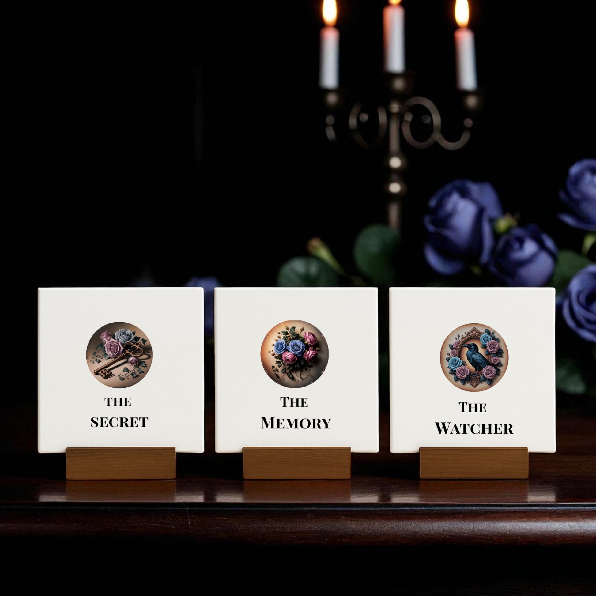 Mirabilia Boutique’s Dead Regency Mini Sign Set features a gothic trio of mini signs—Raven, Roses & Keys—on wooden stands. Blue roses and candles evoke dark academia style, making them perfect for moody gothic home decor.