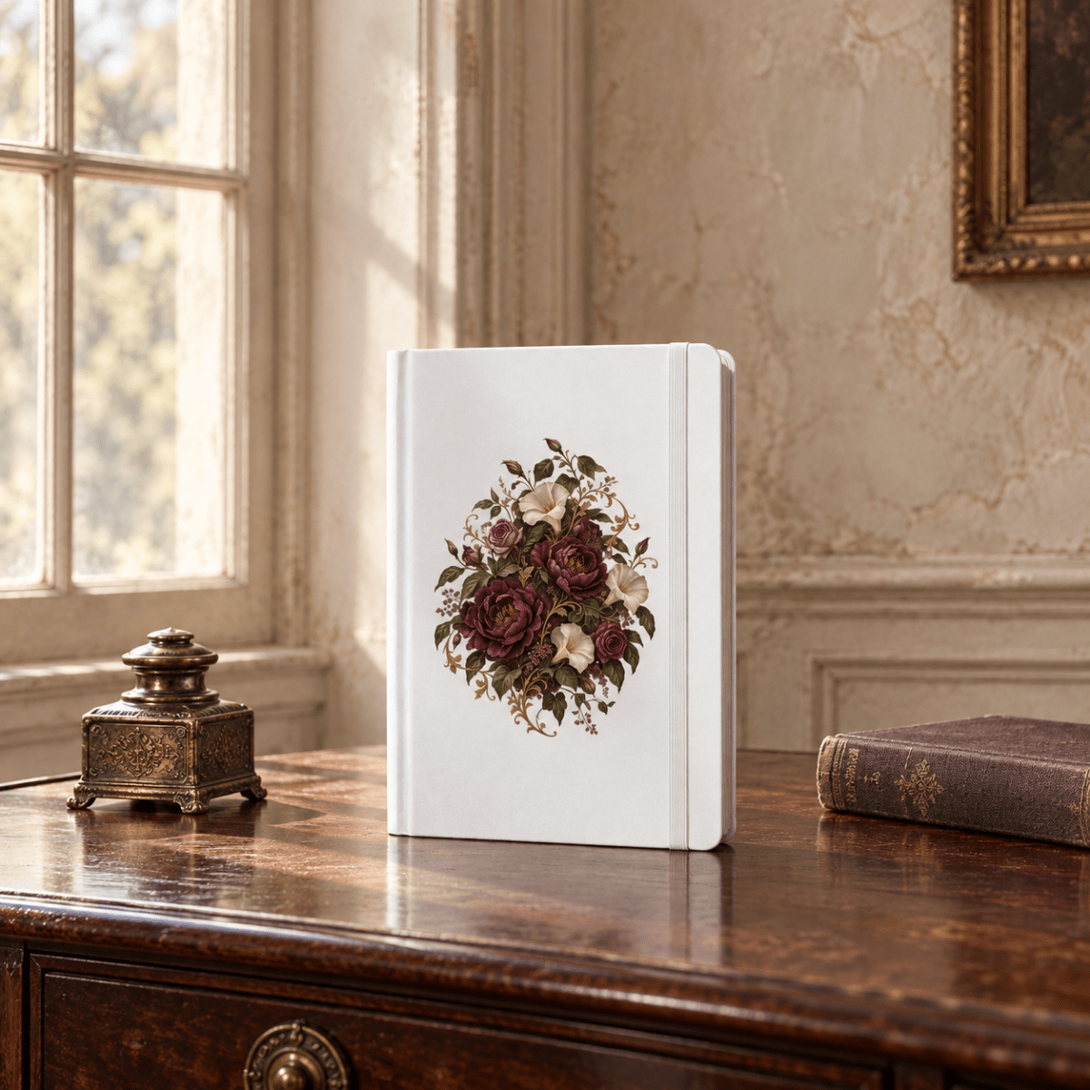 A Moon Garden Floral Journal from Mirabilia Boutique’s Velvet Ruins collection, featuring a delicate floral design, stands upright on a polished wooden desk near a window, accompanied by an ornate inkwell and an old book in a vintage, sunlit room—an elegant writing gift for any occasion.