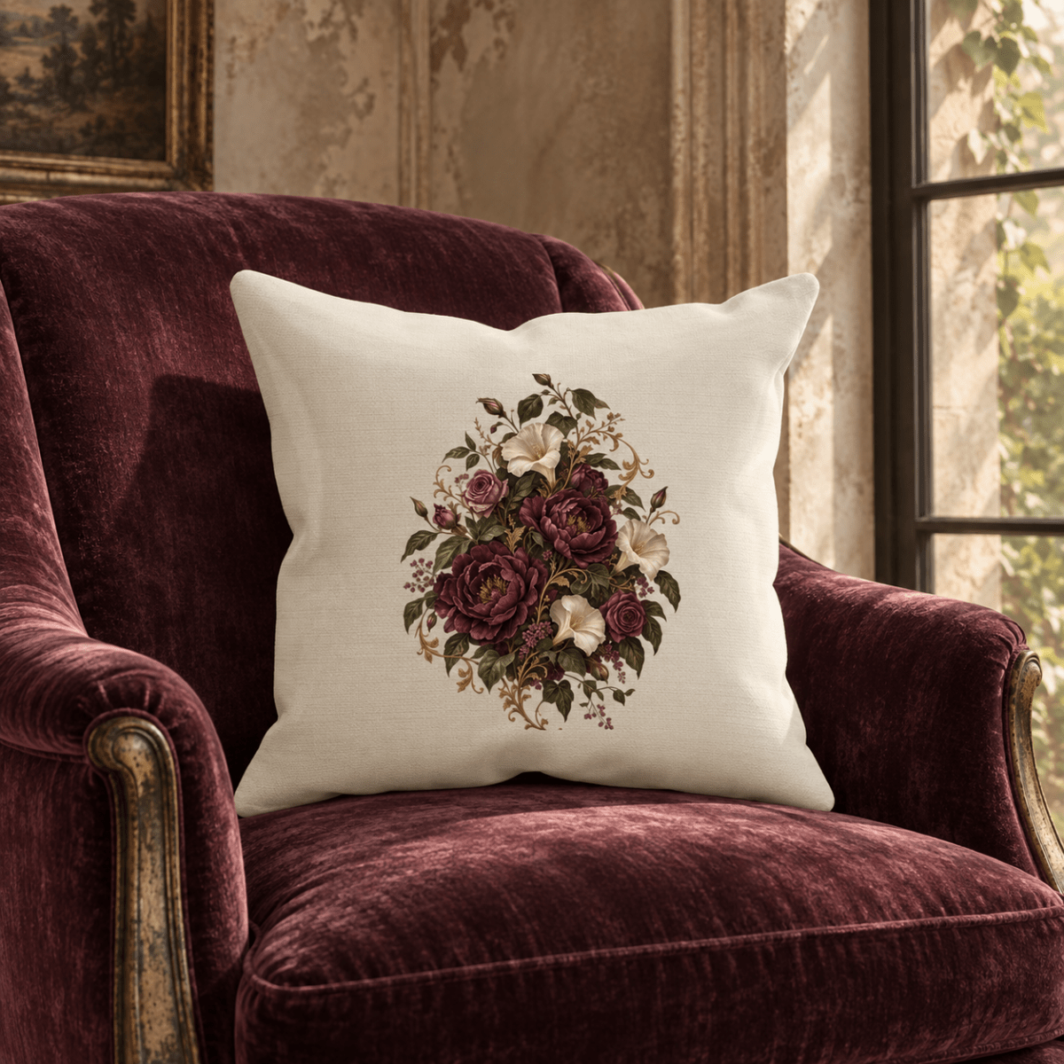 A Moon Garden Floral Throw Pillow from Mirabilia Boutique rests on a plush, burgundy velvet armchair in a sunlit room adorned with vintage decor.
