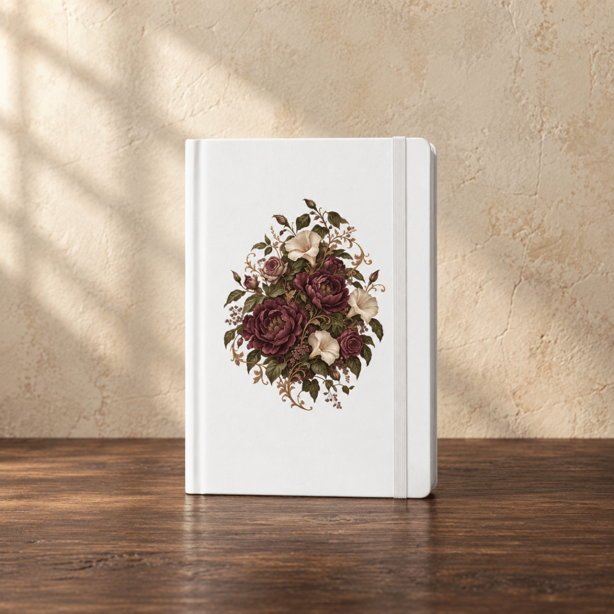 The Moon Garden Floral Journal | Velvet Ruins by Mirabilia Boutique features a white hardcover adorned with delicate purple and white flowers. Standing upright on a wooden surface against a textured beige wall, this elegant journal is the perfect gift for writers. Its beautiful cover inspires creativity and daily reflection.