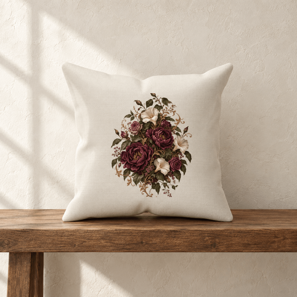The Moon Garden Floral Throw Pillow by Mirabilia Boutique rests on a wooden bench against a textured beige wall, its white velvet surface adorned with intricate dark purple, cream, and burgundy peony designs as sunlight gently casts soft shadows.