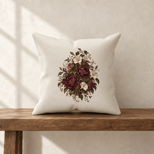 The Moon Garden Floral Throw Pillow by Mirabilia Boutique rests on a wooden bench against a textured beige wall, its white velvet surface adorned with intricate dark purple, cream, and burgundy peony designs as sunlight gently casts soft shadows.