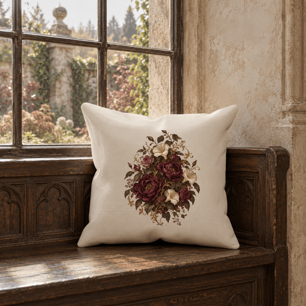 A Moon Garden Floral Throw Pillow by Mirabilia Boutique, featuring a cream velvet background adorned with dark red and white blooms—including elegant burgundy peonies—rests on a carved wooden bench by the window, looking out over a garden.