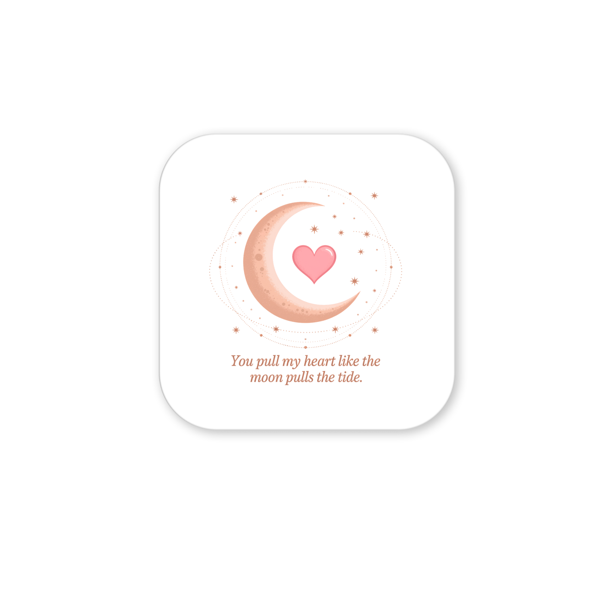The Moon and Heart Love Quote Magnet by Mirabilia Boutique features a crescent moon, pink heart, and stars with the phrase: "You pull my heart like the moon pulls the tide."—a perfect romantic or celestial decor gift.