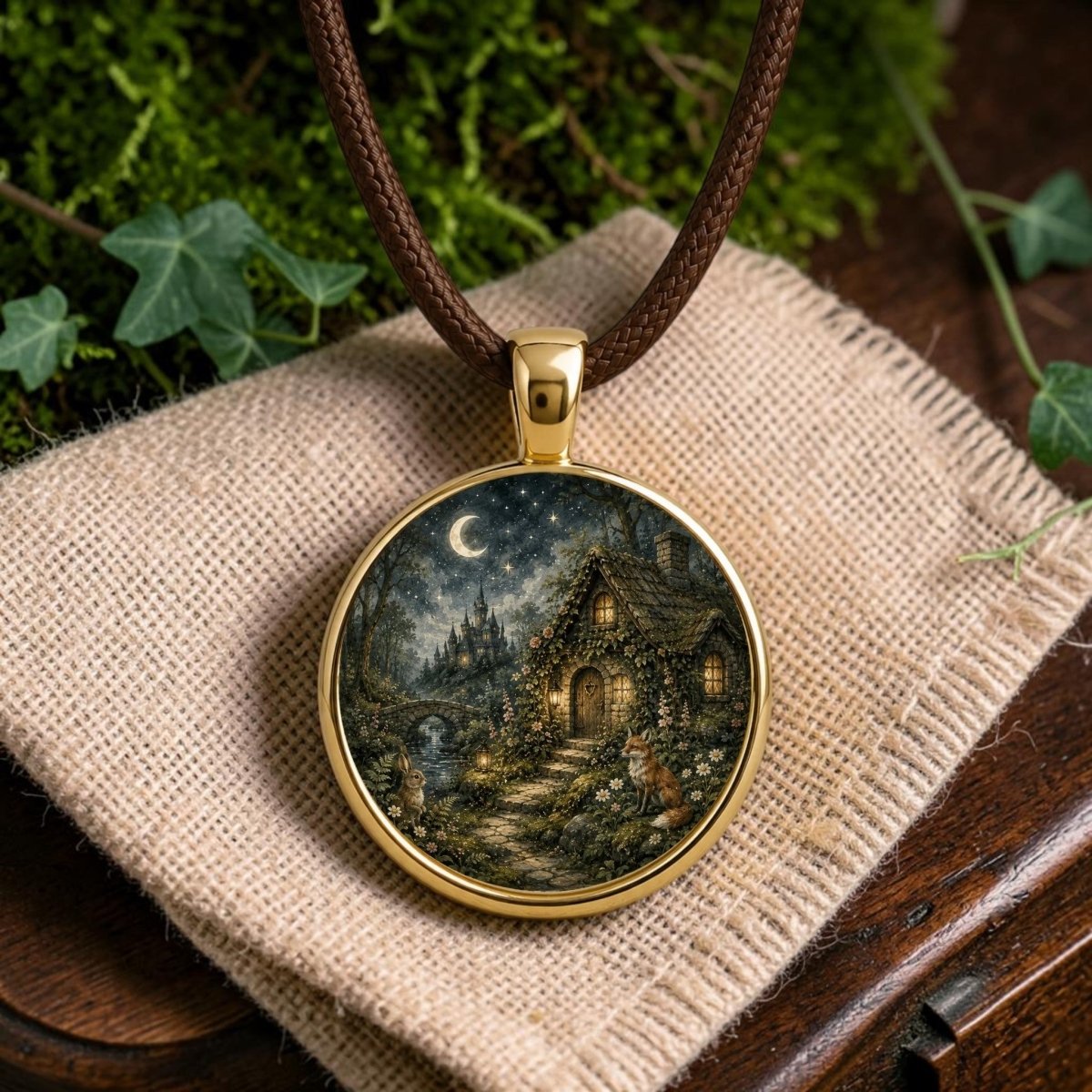 The Hidden Hearth | Story Pendant Necklace by Mirabilia Boutique features wearable art of a moonlit fairy-tale cottage nestled among flowers and woodland animals. This enchanting gold pendant necklace rests on burlap atop a wooden surface, with green ivy nearby—a true storybook accessory for dreamers.