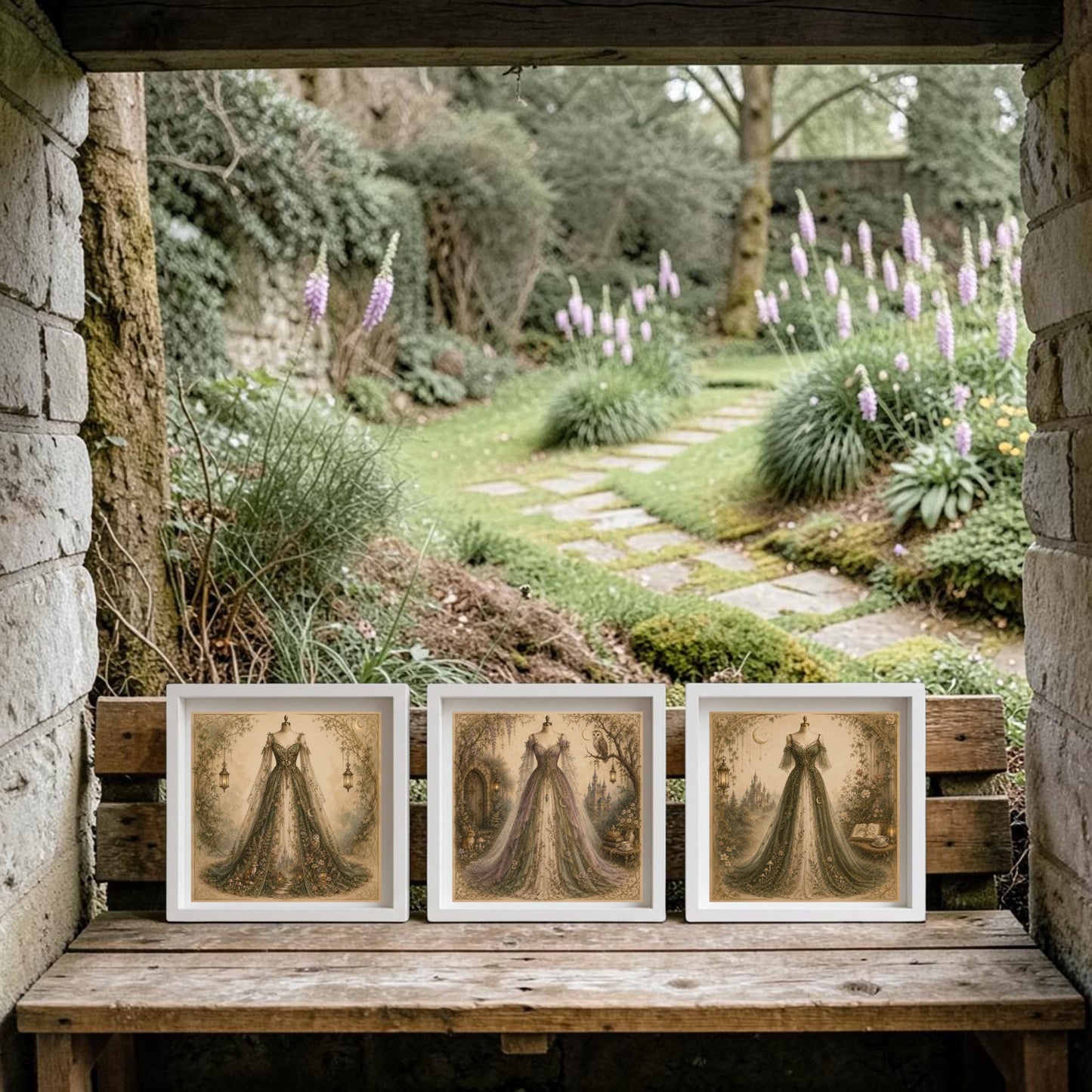 Three framed vintage-style prints from Mirabilia Boutique’s Enchanted Hollow | Curated Couture Artwork collection, featuring women in elegant gowns, are displayed on a wooden bench nestled in a stone-framed alcove that overlooks a garden dotted with stepping stones and blooming purple flowers.