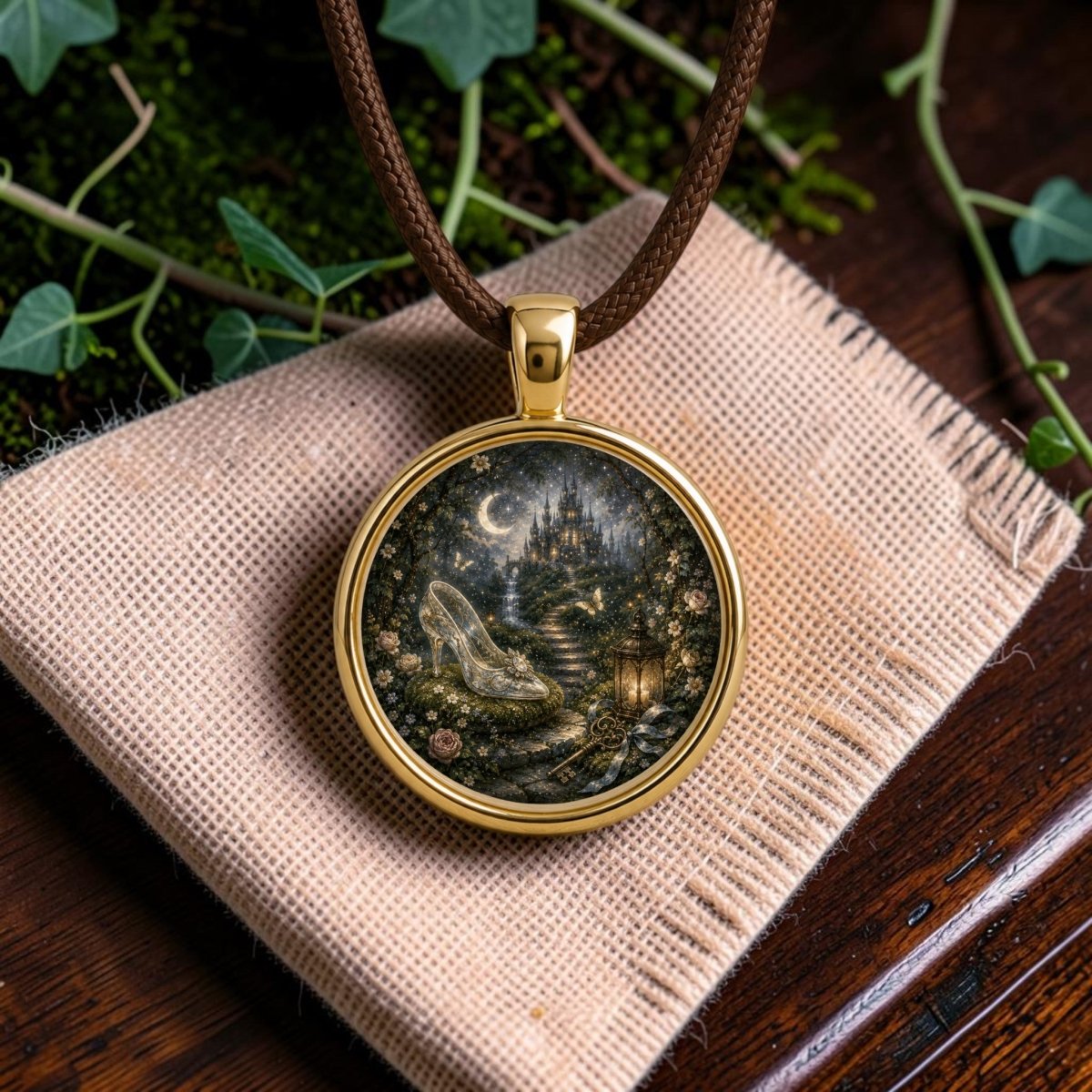 The Forgotten Slipper | Story Pendant Necklace by Mirabilia Boutique, featuring a gold pendant illustrated with a glass slipper, crescent moon, castle, and flowers, is displayed on a burlap cloth adorned with green leaves—perfectly capturing the essence of wearable art.