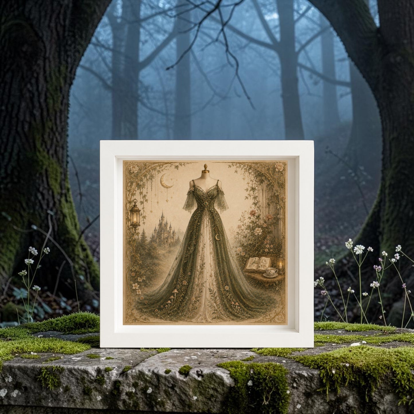 The Moonlit Sanctuary | Curated Couture Artwork by Mirabilia Boutique showcases a vintage ball gown poised on a mossy stone amidst a misty forest, encircled by towering trees and blooming plants.