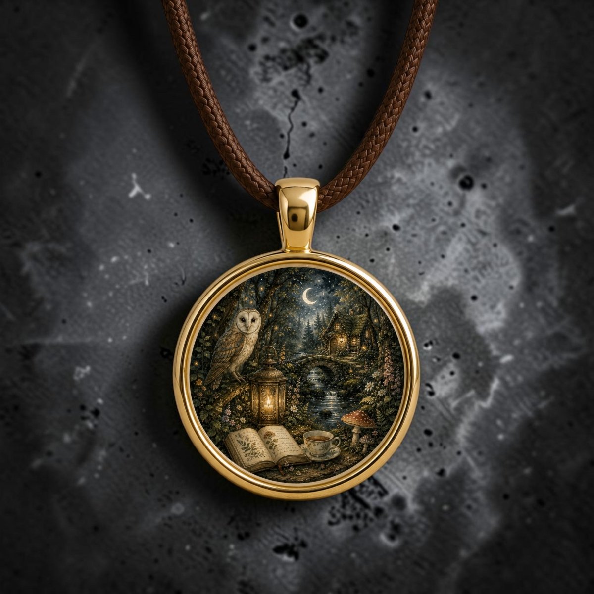 Introducing The Woodland Chronicle | Story Pendant Necklace by Mirabilia Boutique: a gold wearable art pendant from the enchanting Moon & Moss collection. This piece features a fantasy scene—a wise owl, glowing book, and tea set beside a moonlit cottage nestled in the forest—suspended on a brown cord necklace against a dark textured background. This woodland story pendant beautifully captures nature’s magic and the spirit of imagination.