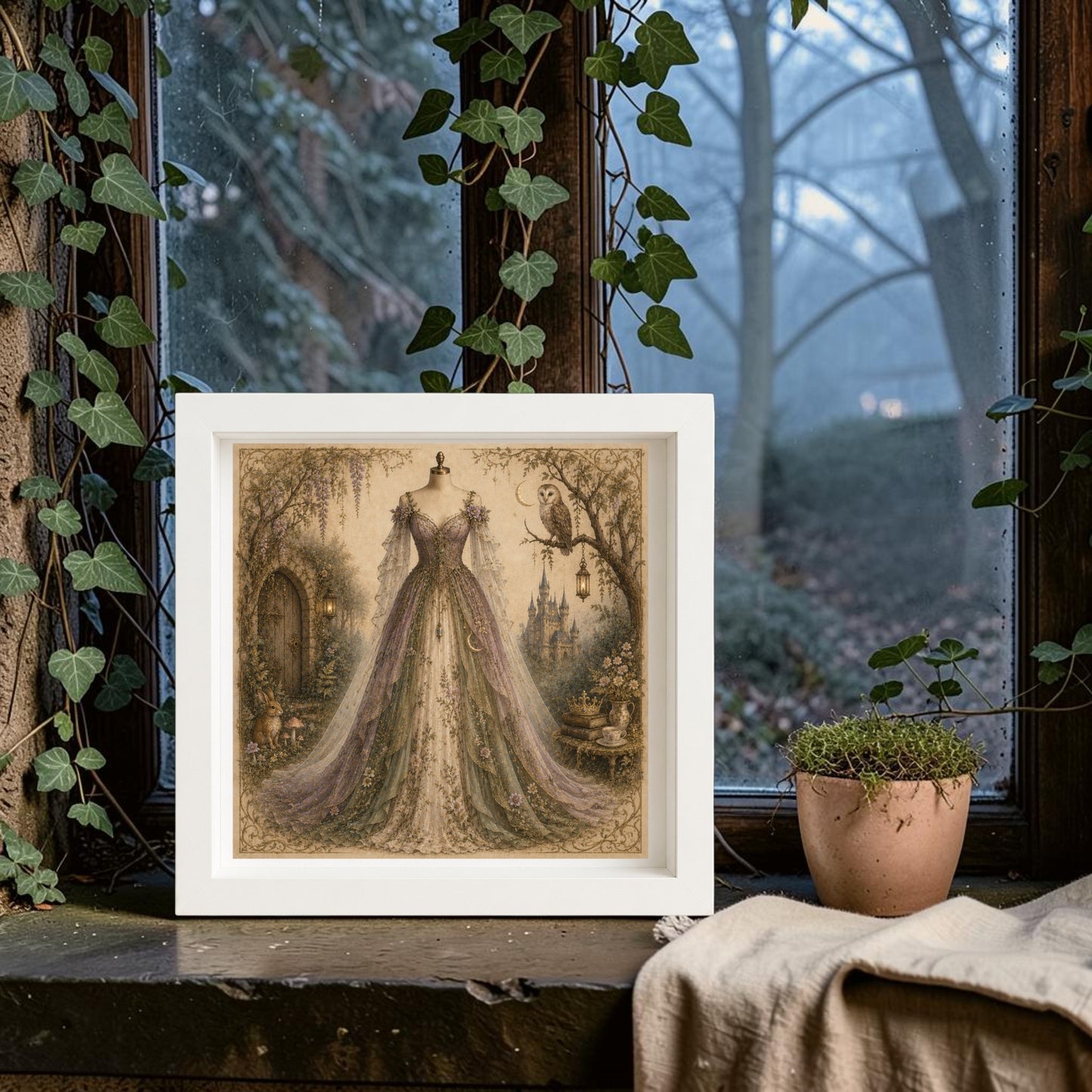 A framed canvas of "Wisteria Dreams | Curated Couture Artwork" by Mirabilia Boutique graces a windowsill surrounded by trailing ivy and a nearby potted plant; outside, the misty winter landscape enhances the mysterious beauty of an enchanted hollow.