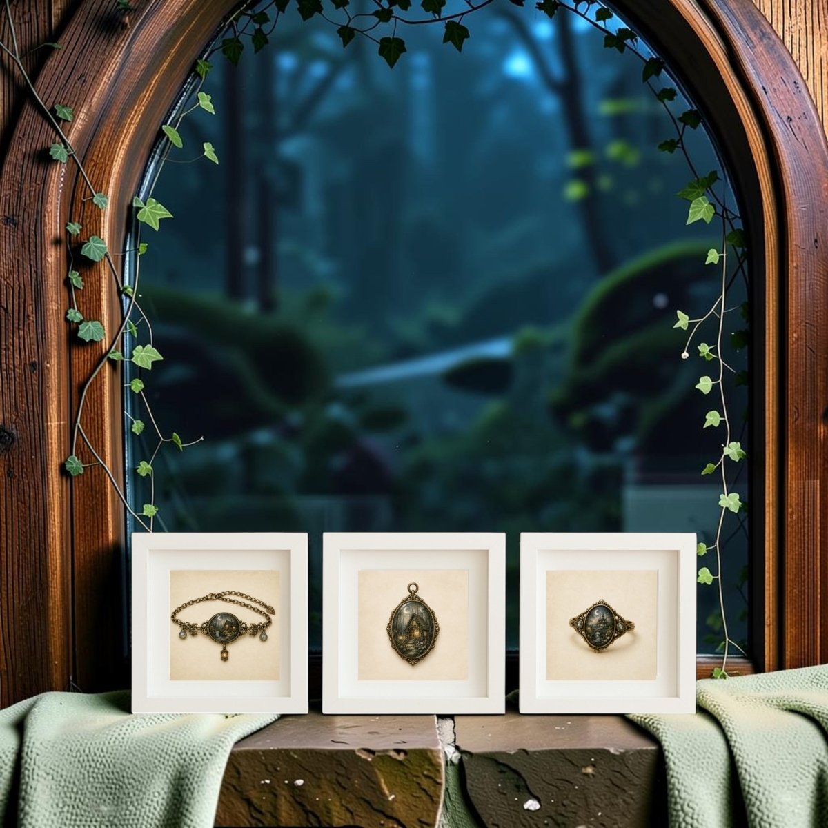 A wooden arched window entwined with ivy overlooks a misty forest. On the sill, above a green cloth, rests The Woodland Reliquary | Mirabilia Relics Trio by Mirabilia Boutique—three framed vintage jewelry pieces that evoke the enchanting charm of woodland relics.