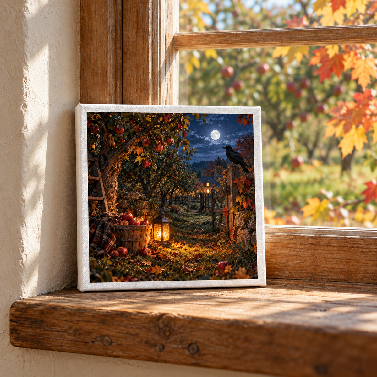 The Midnight Orchard Canvas | Autumn Raven Art by Mirabilia Boutique depicts a moonlit apple orchard, glowing autumn trees, and a lantern on a windowsill.