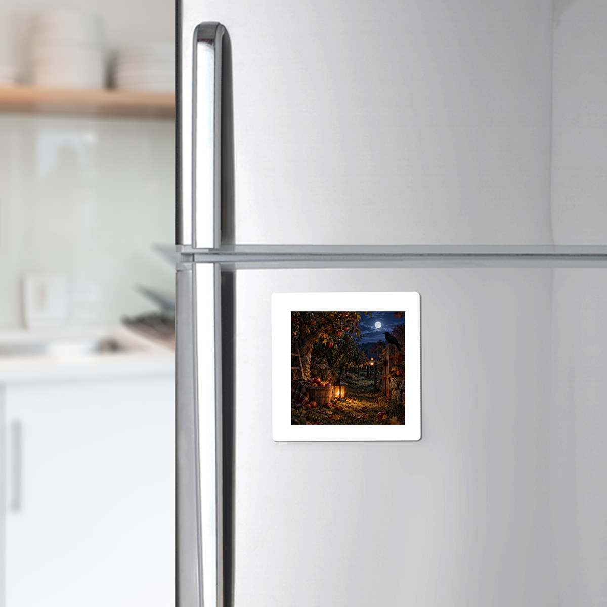 A stainless steel fridge in a bright kitchen displays The Midnight Orchard Magnet | Haunted Harvest by Mirabilia Boutique, featuring a cozy, lantern-lit autumn night scene. White cabinets and shelves are in the background.