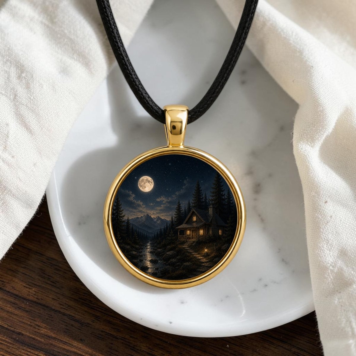 Introducing the Moonlit Haven | Story Pendant Necklace by Mirabilia Boutique—a stunning gold necklace showcasing a beautifully detailed image of a woodland cabin beneath a glowing moon and star-filled sky at night, artfully displayed on a white dish with soft fabric. A truly captivating piece of wearable art.