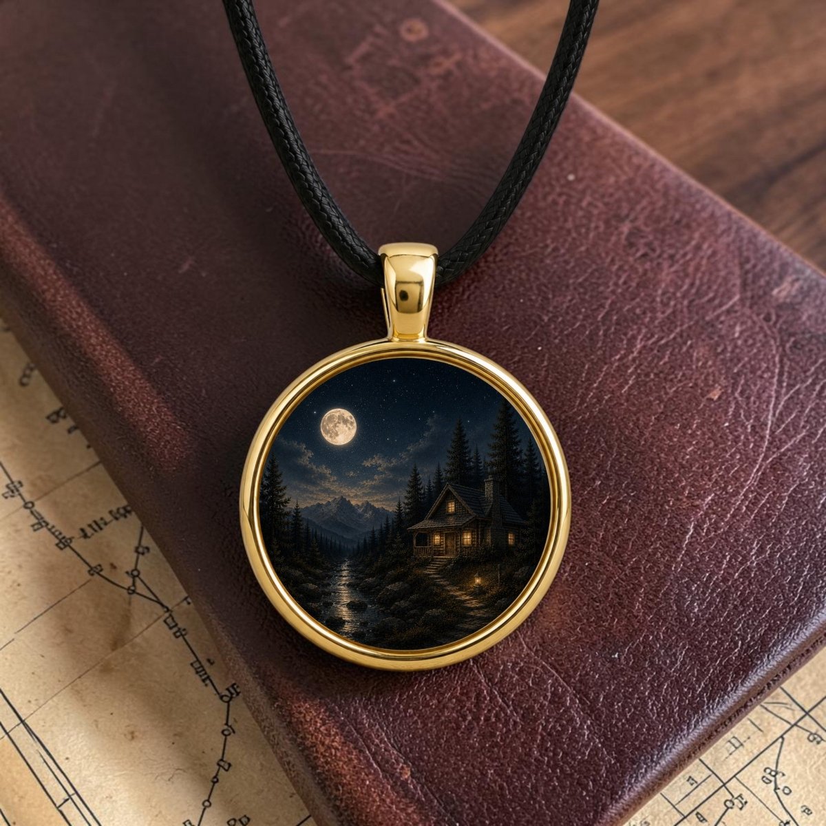 A gold Moonlit Haven | Story Pendant Necklace by Mirabilia Boutique, suspended from a black cord and displayed atop a leather-bound book, showcases wearable art of a woodland cabin amidst pine trees and a river under a star-studded sky, its window aglow with warm light.