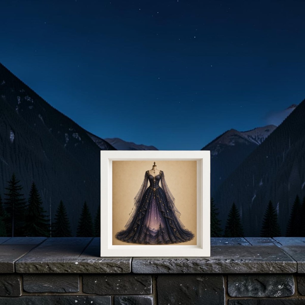 Presenting “Moonrise Over Pines | Curated Couture Artwork” by Mirabilia Boutique: a collectible framed canvas featuring an elegant, dark blue celestial gown with gold accents gracefully perched on a stone ledge, set against a majestic mountainous landscape at night.
